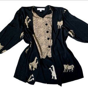 VTG Ilyse Hart Ltd Blazer w/ Attached Button Vest Safari Novelty Print M 24M